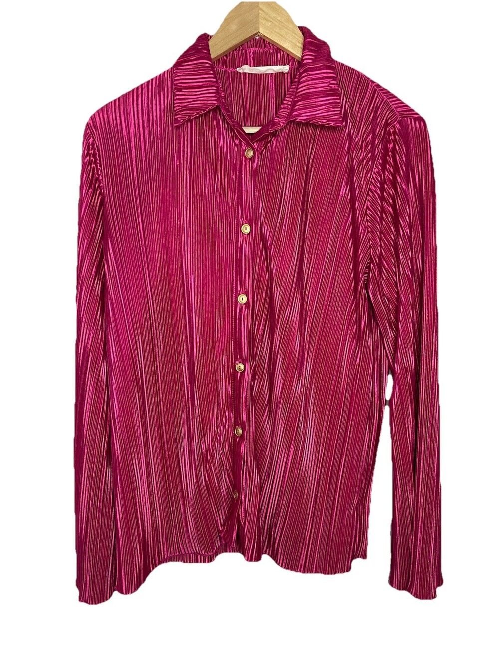 Hot Pink Pleated Long Sleeve Button Front Blouse Women's Large Silky Look